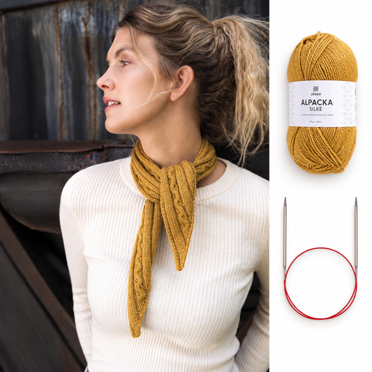 Räls - Stickad Scarf – garnkit – illustrativt AI-montage av mönster, garn och standardredskap. Antal enligt vald storlek.